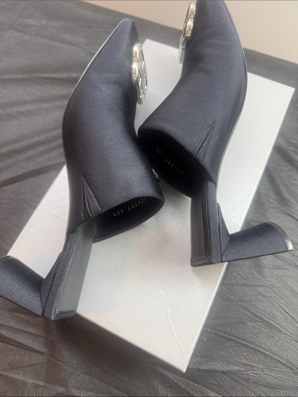 Balenciaga Black Satin Mules with Silver BB Emblem - Picture 6 of 6